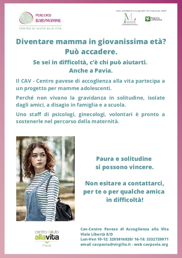 Locandina del progetto "Percorsi babymamme", un progetto regionale per accompagnare la maternità in adolescenza e offrire un'alternativa concreta all'aborto. 