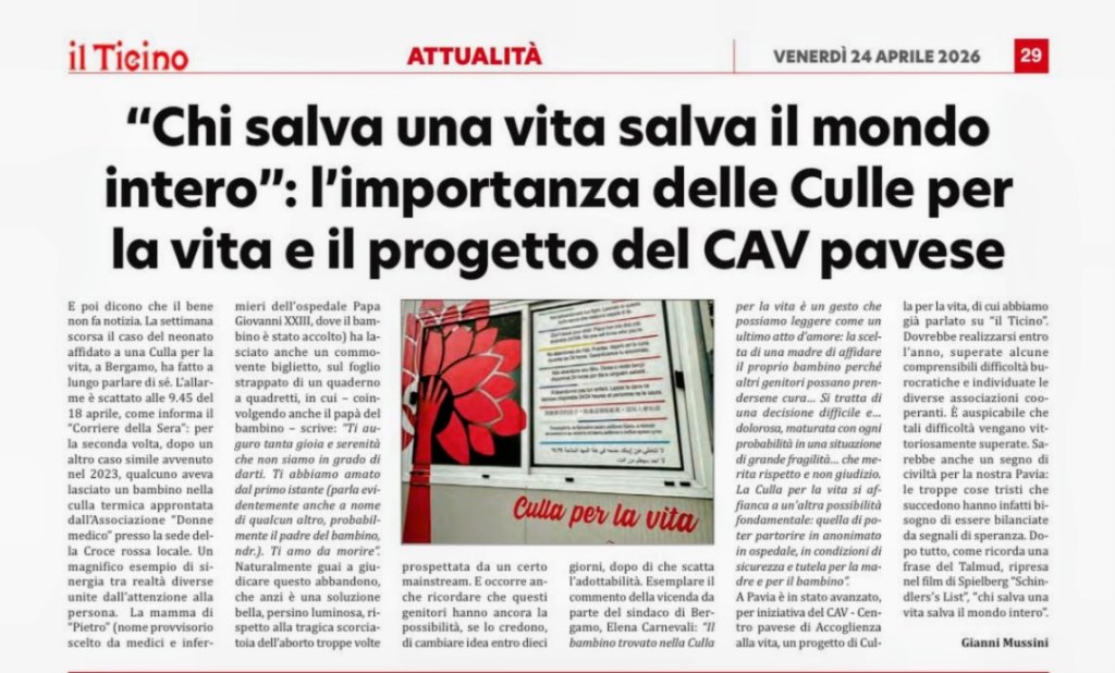 Un progetto in fase avanzata promette una Culla per la vita anche a Pavia: un segno di speranza sempre piu' necessario.